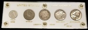 (5) US Type Nickel Set Seated Liberty Half Dime, Shield, V, Buffalo, Jefferson