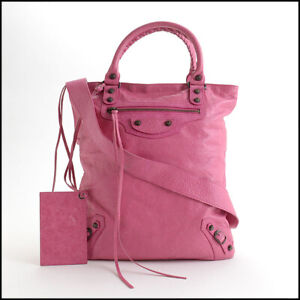 RDC13528 Authentic BALENCIAGA 2011 Pink Lambskin Fold-Over Tote Crossbody Bag
