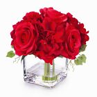 Silk Hydrangea and Rose Artificial Flower Arrangement Cube Glass Vase Faux Water