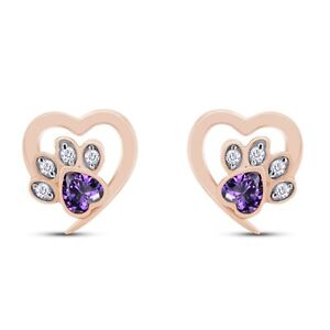 Cat Paw Print Stud Earrings Birthstone & CZ 14K Rose Gold Plated Sterling Silver