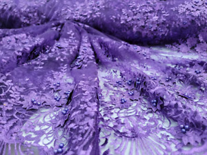 Purple Beaded Lace 3d Floral Flowers Embroidery Fabric by the Yard Double Scallo
