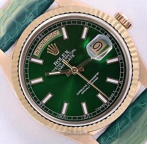 Rolex Day-Date 36mm President 18k Gold 18038-Green Stick Dial-Green Leather Band