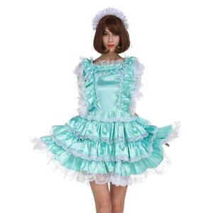 Girl Sissy Maid Lockable Green Satin Dress cosplay Costumes Tailor-made set