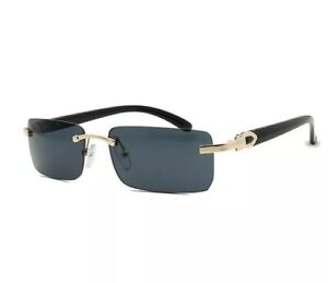 Black Tint Mens Rectangle Luxury Hip Hop Fashion Gold Frame Rimless Sunglasses
