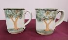 Set of 2 Art Pottery Stoneware Coffee Mug Tree Design Hand Painted