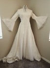 1960s PRAIRIE STYLE BELL SLEEVE LACE TRIM WHITE WEDDING DRESS WITH TRAIN