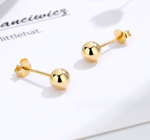 14K Gold Plated 925 Sterling Silver Round Polish Ball Stud Earrings Gift H8