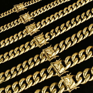 Men's Miami Cuban Link Bracelet Chain 14K Gold Plated Stainless Steel Necklace