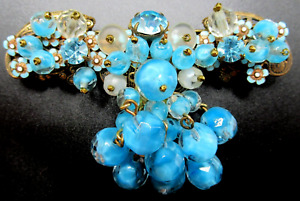 MIRIAM HASKELL Gorgeous Blue Glass Bead Enamel Flowers Vintage Pin Brooch