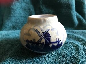 Vintage Delfts Small Round Ceramic Vase Windmill & Tulips Holland
