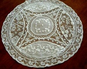 Antique 20s table doily French classy Normandy  laces w emb/ry hand done 10