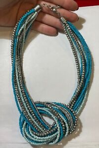 Vintage Chunky Turquoise Blue Silver tone Beads Knot 12T Necklace