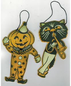 2 Vintage Die-Cut Halloween Figures Black Cat Trombone Pumpkin In Clown Suit