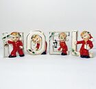 Vintage NOEL Lipper & Mann Candle Holders Ceramic Christmas Elf Pixie Kids 1950s