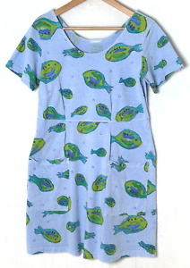 Fresh Produce Dress Fish Print Pockets Womens Medium Short Sleeve Blue
