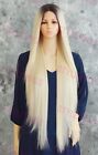 Extra Long Straight Lace Front Human Hair Blend Wig Rooted Light Blonde EVFN