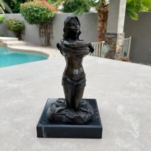 New ListingRare 9.25” Vintage Signed Erude Bronze On Marble Statue of an Undressing Woman
