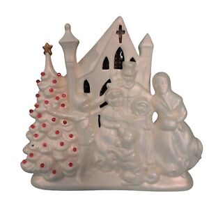 Vintage Atlantic Mold Ceramic Carolers Church Christmas Tree Dog Pink & White