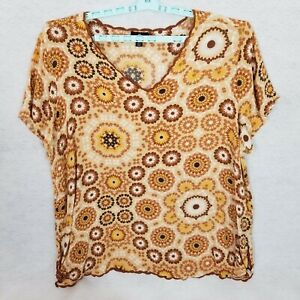 CURATIONS Abstract Floral Embroidered V-Neck Casual Shirt ~ Brown Tan ~ Size 2X