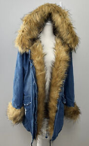 Aofur XXL Women's Winter Mid-Length Denim Hooded Parka Coat Faux Fur Trim NWT