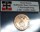 Beautiful Bronze Nazi Coin: Genuine 1 Reichspfennig Third Reich Germany WW2-era