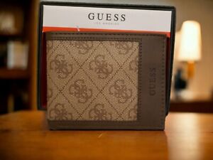 NEW MEN'S GUESS BROWN TAN WALLET EMBOSSED LOGO WITH FLIP VALET ID BIFOLD