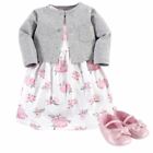 Hudson Baby Dress, Cardigan, Shoe Set, 3-Piece, Pink/Gray Floral
