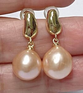 5A Grading 10.5-11mm Edison Peach Gold Pink Round Cultured Pearl Dangle Earrings