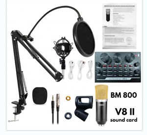 BM-800 Condenser Mic Kit: Studio, Pop Filter, Scissor Arm, V8 II Sound Card