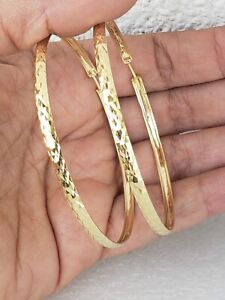 Big extra large 14k yellow GOLD diamond cut hoop earrings 2.40 inches long
