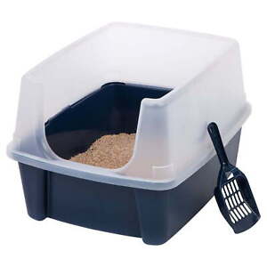 IRIS Extra Tall Open-Top Cat Litter Box with Hooded Shield Cover & Scoop, Navy