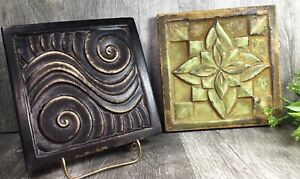 Vintage Arts & Crafts Style Tiles 6” Two Stoneware Pieces Ebony & Rustic Green