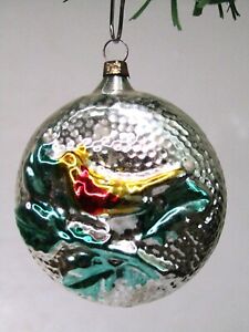 Vintage Blown Glass Embossed BIRD on BRANCH Oval Christmas Ornament Germany