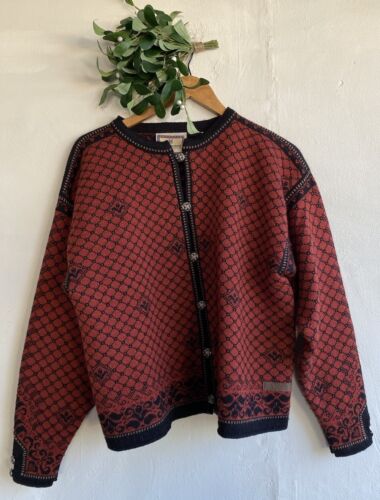 Dale of Norway Button Up Sweater XL Rust Black Heart Diamond Pattern Wool