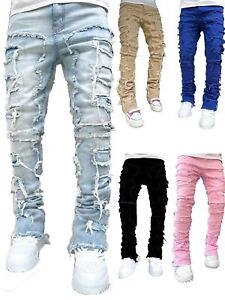 Men Jeans Pants Streetwise Stretch Patch Skinny Denim Straight Long Stacked Slim