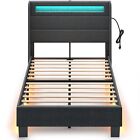 Rolanstar Bed Frame Twin Size with LED Lights and Charging Station Upholstere...