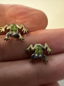 Frog Earrings Gold Tone Green Rhinestone And Blue Eyes