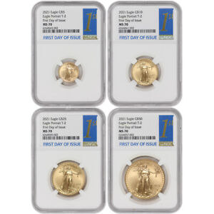 Set of 4 2021 Gold Eagle NGC MS70 Type 2 First Day of Issue $50 $25 $10 $5