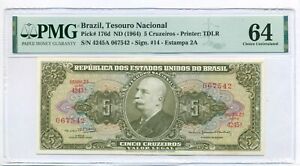 New ListingBrazil 1964 5 Cruzeiros Bank Note Ch Unc 64 PMG