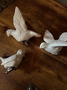 Vintage Bird Ornaments Clip On White Bisque Ceramic Birds Set Of 3