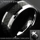 Tungsten Carbide Men's Ring Silver with Black Carbon Fiber Stripe Wedding Band
