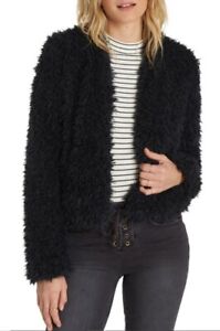 Billabong Size L Fur Keeps Open Front Jacket Black Faux Fur Teddy Jacket