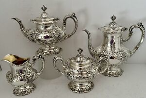GORGEOUS REED & BARTON FRANCIS 1ST STERLING 4 PIECE HAND CHASED TEA & COFFEE SET