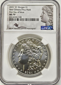 2021-O Morgan Silver Dollar $1 NGC MS 70 FDOI First Day of Issue Mercanti Signed
