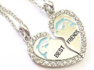 NEW BEST FRIEND Dolphin Heart Silver Tone 2 Pendants 2 Necklace BFF Friendship