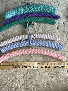 6 Vintage 1960-79 Hand Crocheted Wooden Coat Hangers swivel hooks Multicolor 16