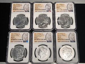 2021 MORGAN & PEACE SILVER DOLLAR NGC MS70 FIRST DAY OF ISSUE 6 COIN SET