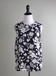 THEORY $255 Navy White Floral 100% Silk Layered Tiered Hodal Top Size Small
