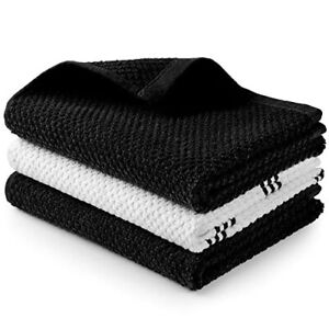 Kitchen Dish Towels Popcorn Texture 100% Cotton 3-Pack black Stripe
