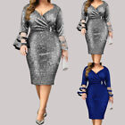Women Sequins V-Neck Mesh Midi Dress Ladies Formal Evening Party Dress Plus Size